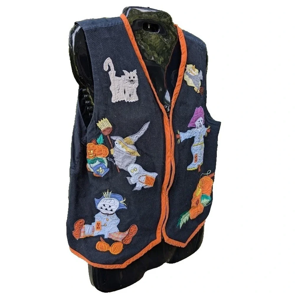 Vintage Gallagher Womens M Halloween Vest Applique Embroidered Cute Pumpkin Cat